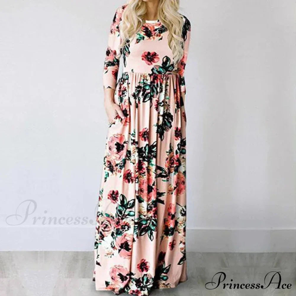 Pink Bohemian Flower Long Floral Dress