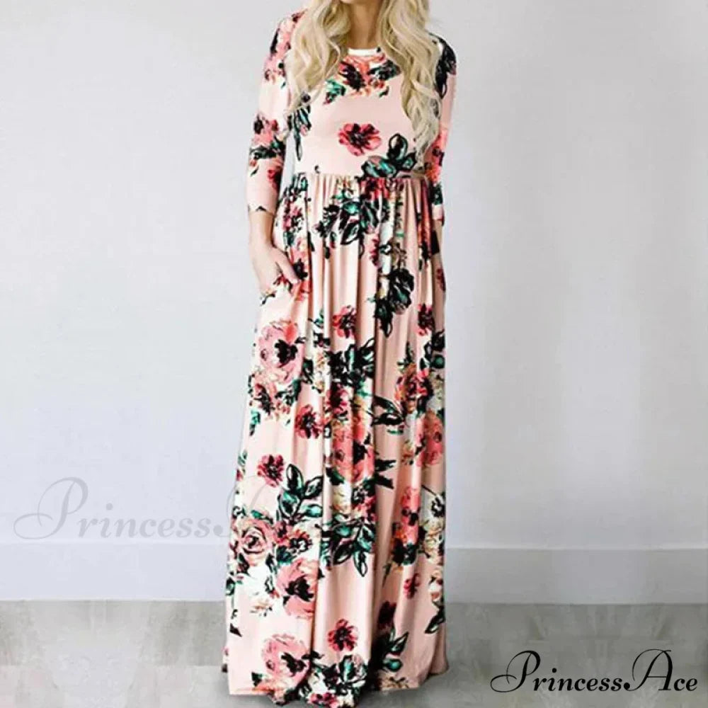 Pink Bohemian Flower Long Floral Dress