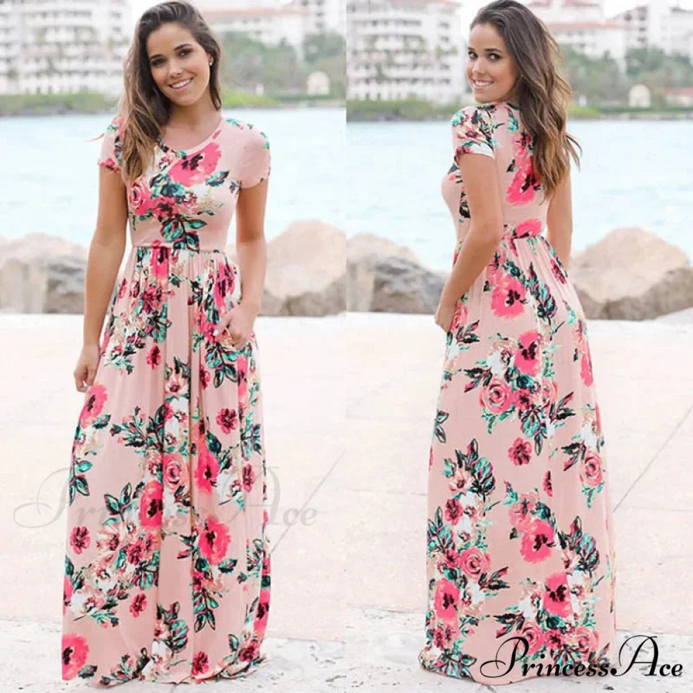 Pink Bohemian Flower Long Floral Dress
