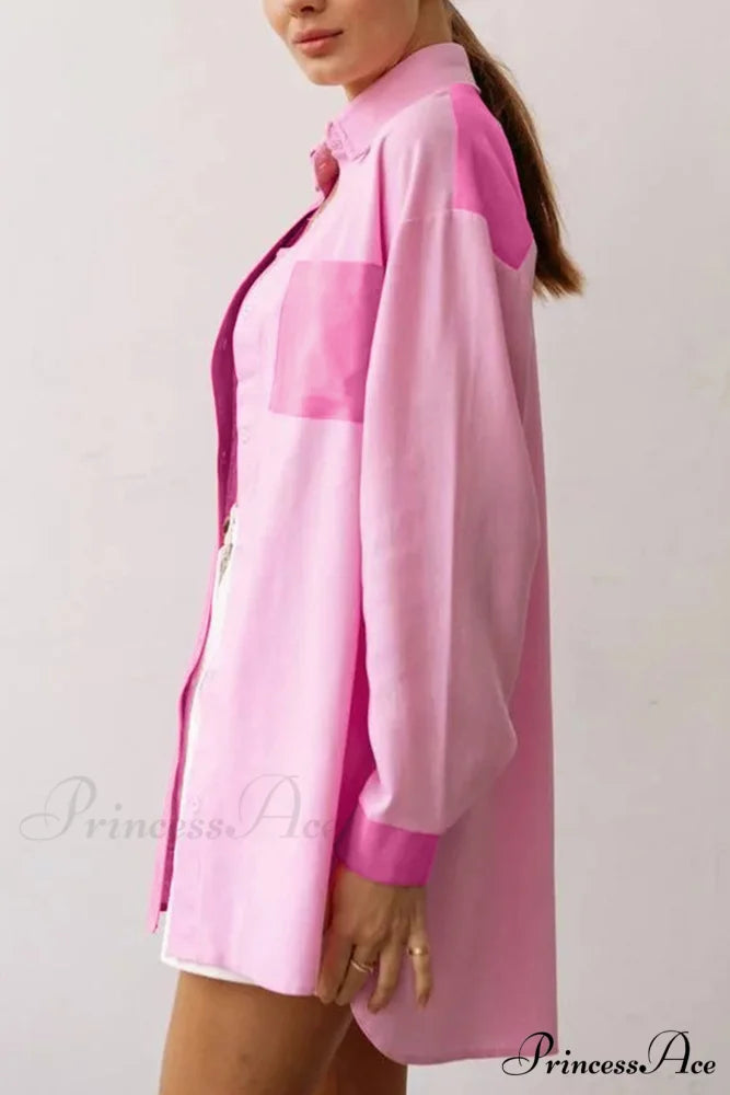 Pink Button-Up Long Sleeve Blouse with Lapel Pocket