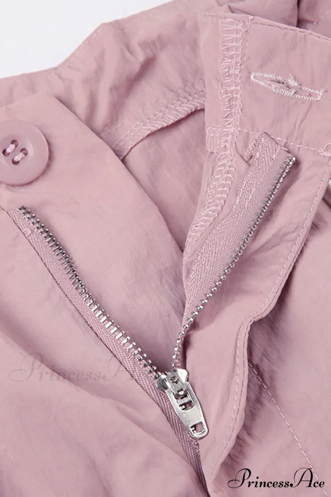 Pink Drawstring Zipper Cargo Pants
