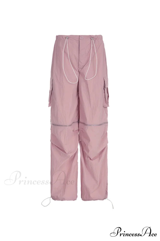 Pink Drawstring Zipper Cargo Pants