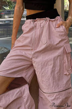 Pink Drawstring Zipper Cargo Pants