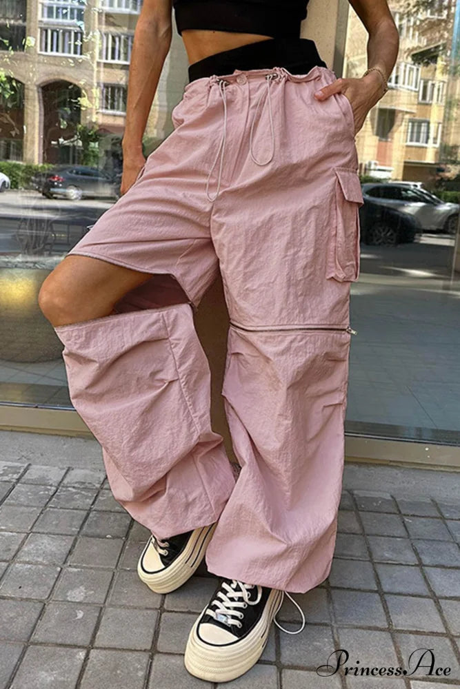 Pink Drawstring Zipper Cargo Pants