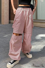 Pink Drawstring Zipper Cargo Pants