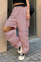Pink Drawstring Zipper Cargo Pants