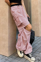 Pink Drawstring Zipper Cargo Pants