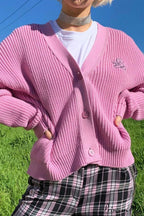 Pink Embroidered Button-Front Cardigan