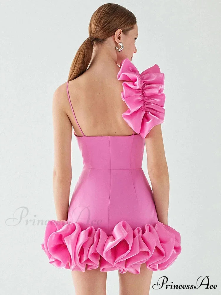 Pink Floral Trim Ruffles Party Dress