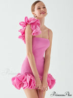 Pink Floral Trim Ruffles Party Dress