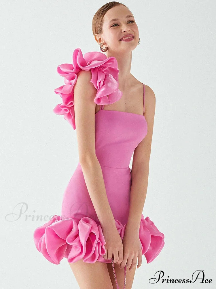 Pink Floral Trim Ruffles Party Dress