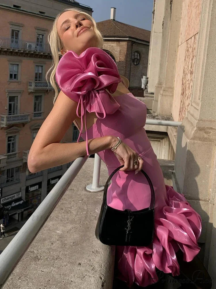 Pink Floral Trim Ruffles Party Dress