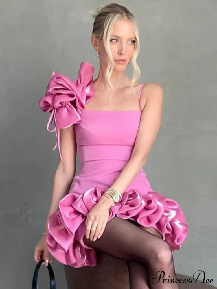 Pink Floral Trim Ruffles Party Dress