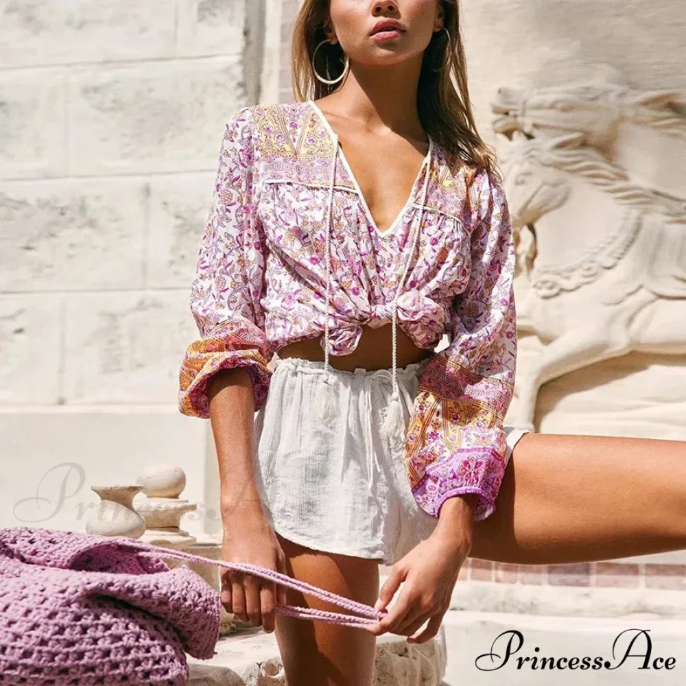 Pink Flowered Printed Baggy Extended Sleeve Boho Top