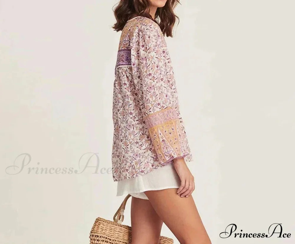 Pink Flowered Printed Baggy Extended Sleeve Boho Top