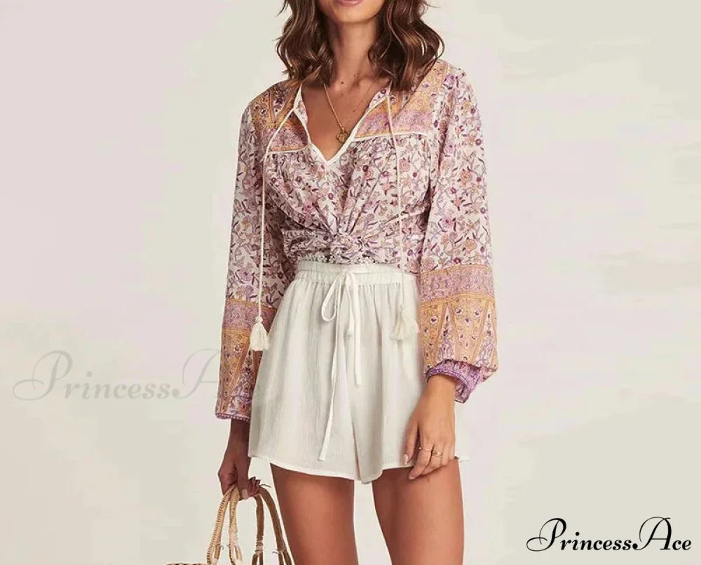 Pink Flowered Printed Baggy Extended Sleeve Boho Top