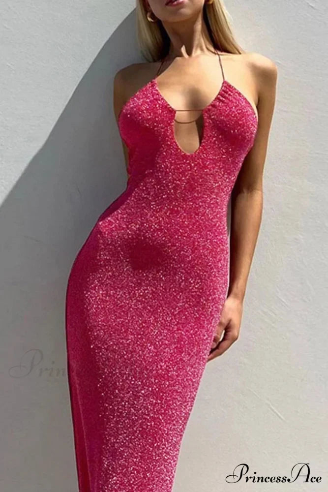 Pink Glitter Tie-back Dress with Slit