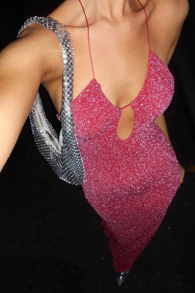 Pink Glitter Tie-back Dress with Slit