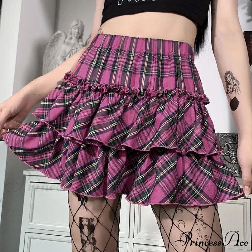 Pink Japanese College Youth Girl Plaid High Waist Slim Skirt
