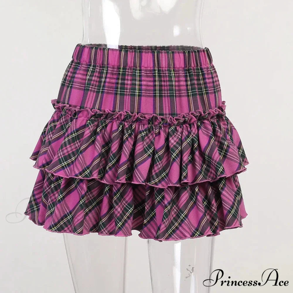 Pink Japanese College Youth Girl Plaid High Waist Slim Skirt