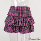 Pink Japanese College Youth Girl Plaid High Waist Slim Skirt