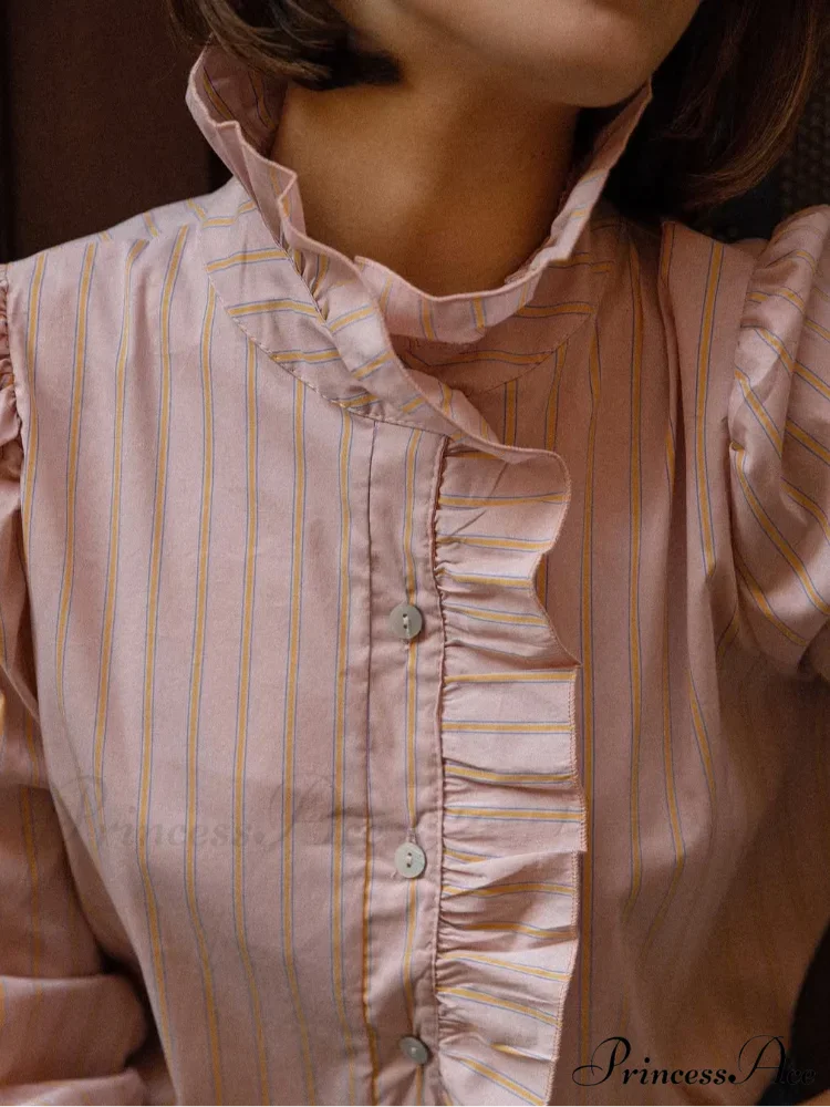 Pink Line Stand Collar Frilled Blouse