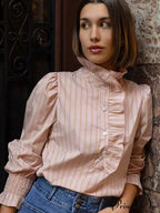 Pink Line Stand Collar Frilled Blouse