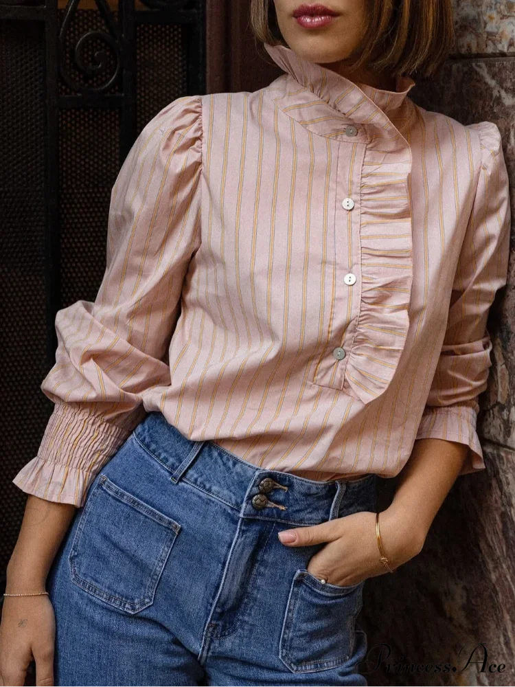 Pink Line Stand Collar Frilled Blouse