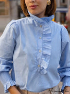 Pink Line Stand Collar Frilled Blouse