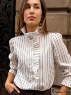 Pink Line Stand Collar Frilled Blouse