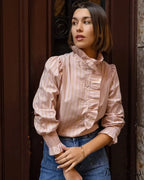 Pink Line Stand Collar Frilled Blouse