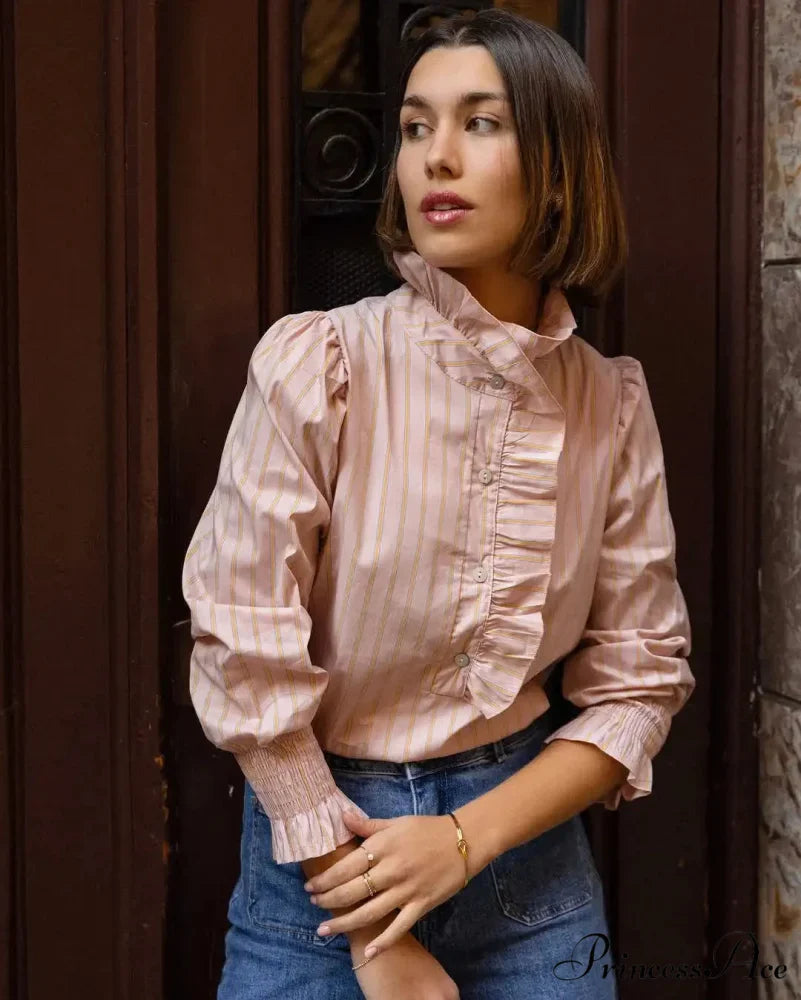 Pink Line Stand Collar Frilled Blouse