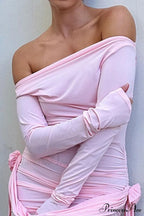 Pink Long Sleeve Floral Ribbon Dress with Ruched Detail