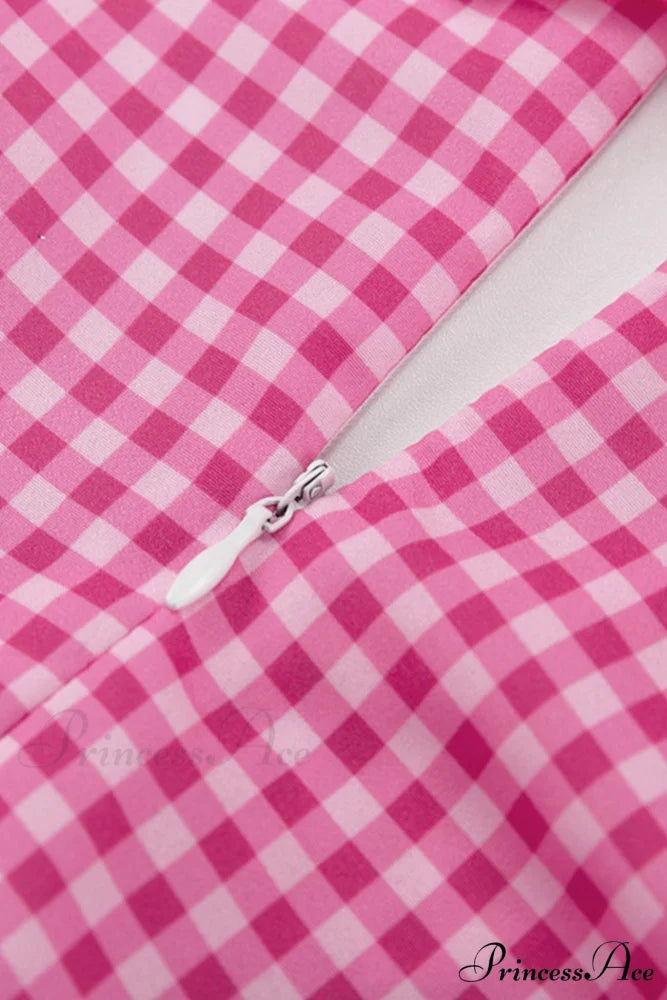 Pink Plaid A-Line Babydoll Dress with Lapel