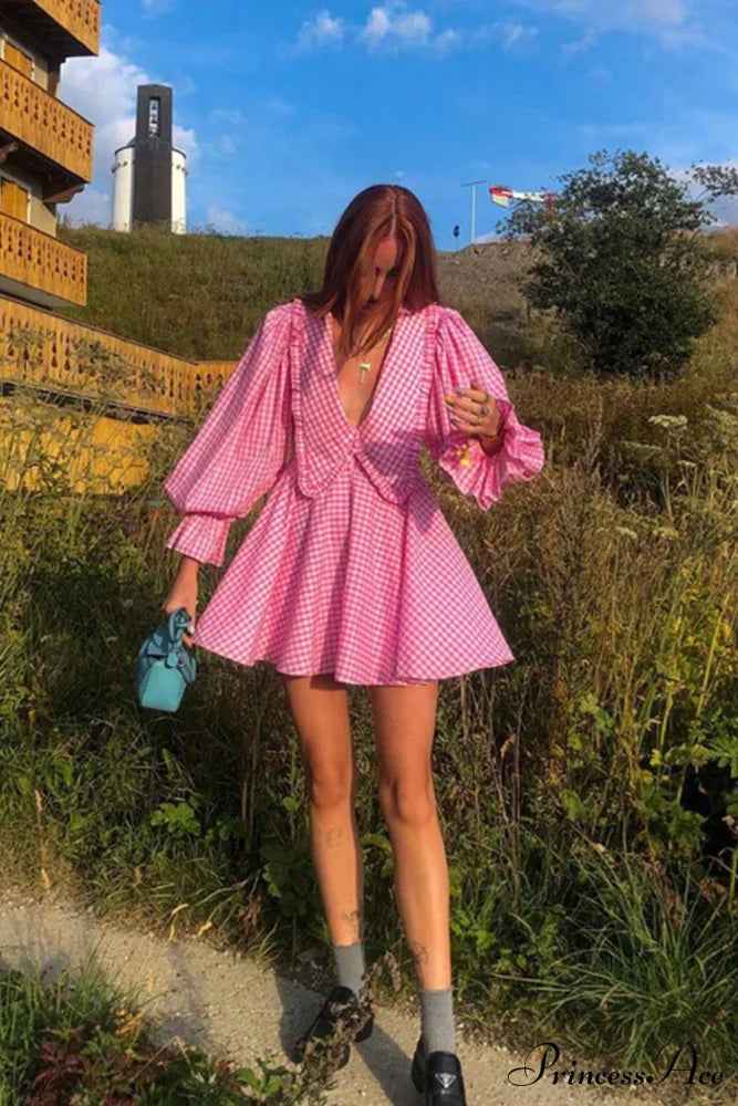 Pink Plaid A-Line Babydoll Dress with Lapel