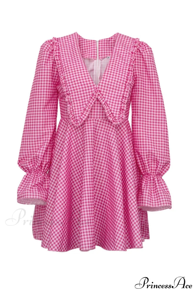 Pink Plaid A-Line Babydoll Dress with Lapel