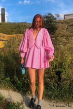 Pink Plaid A-Line Babydoll Dress with Lapel