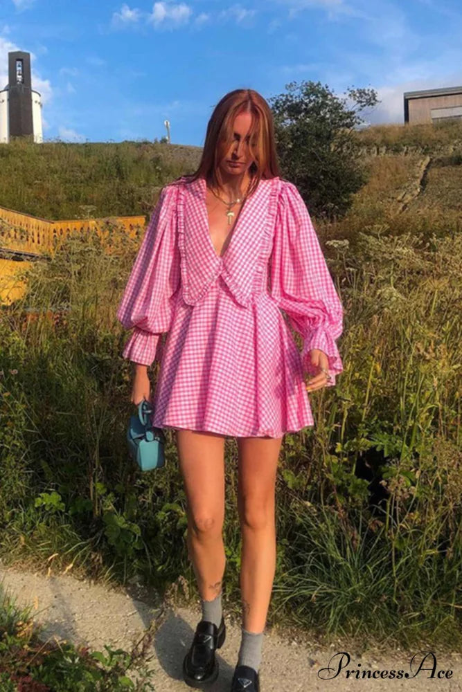 Pink Plaid A-Line Babydoll Dress with Lapel