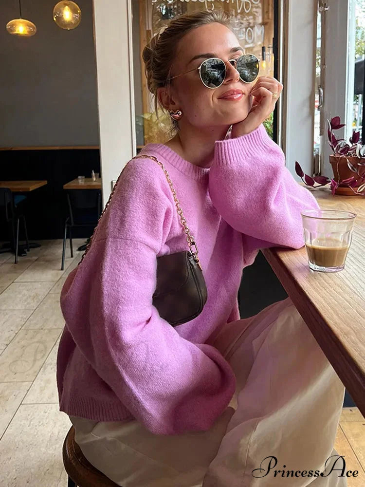 Pink Rose Round Neck Lantern Sleeve Jumper