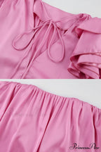 Pink V Neck Floral Lace-Up Blouse with Ruched Detail