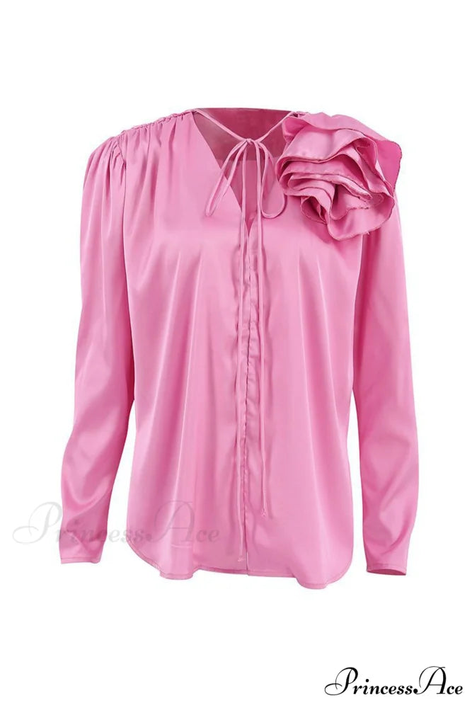 Pink V Neck Floral Lace-Up Blouse with Ruched Detail