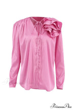 Pink V Neck Floral Lace-Up Blouse with Ruched Detail