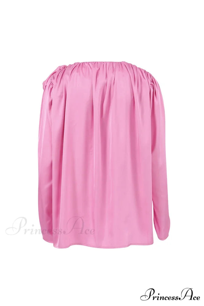 Pink V Neck Floral Lace-Up Blouse with Ruched Detail
