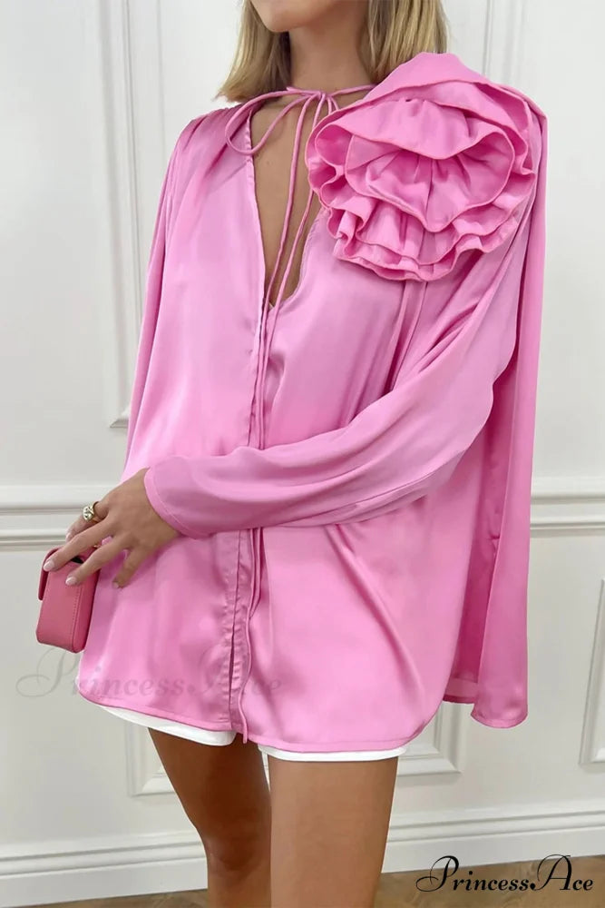 Pink V Neck Floral Lace-Up Blouse with Ruched Detail