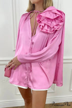 Pink V Neck Floral Lace-Up Blouse with Ruched Detail