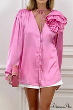 Pink V Neck Floral Lace-Up Blouse with Ruched Detail