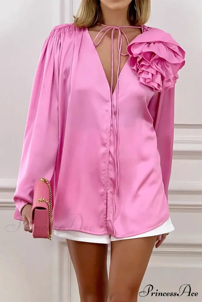 Pink V Neck Floral Lace-Up Blouse with Ruched Detail