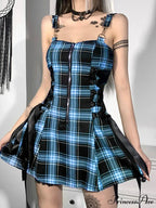 Plaid Bandage Vintage Punk Aesthetic Zipper A-Line Harajuku Fashion Sleeveless Y2K Dress