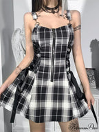 Plaid Bandage Vintage Punk Aesthetic Zipper A-Line Harajuku Fashion Sleeveless Y2K Dress