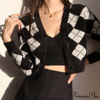 Plaid Black White Knitted Cardigan
